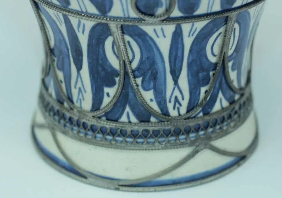 Moroccan Ceramic Vase from Fez Blue and White with Silver Filigree - 2