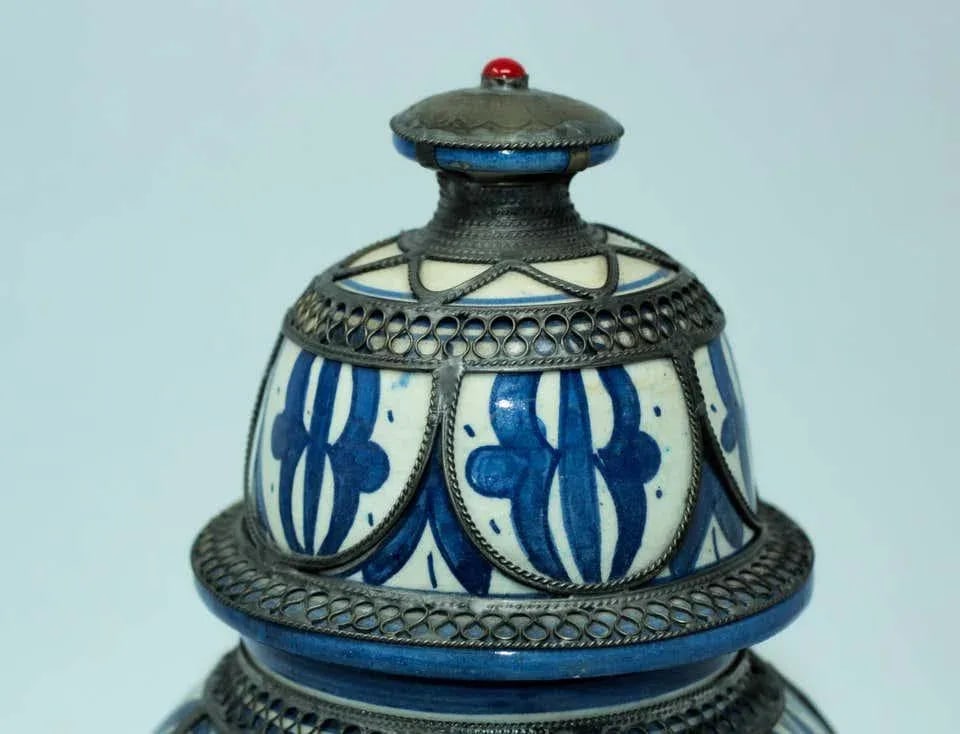 Moroccan Ceramic Vase from Fez Blue and White with Silver Filigree - 3