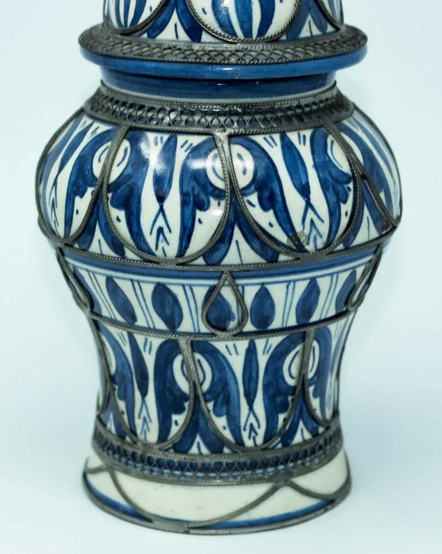 Moroccan Ceramic Vase from Fez Blue and White with Silver Filigree - 4