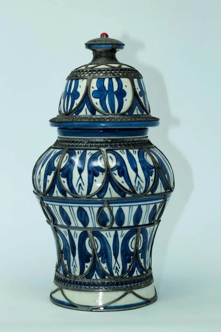 Moroccan Ceramic Vase from Fez Blue and White with Silver Filigree - 5
