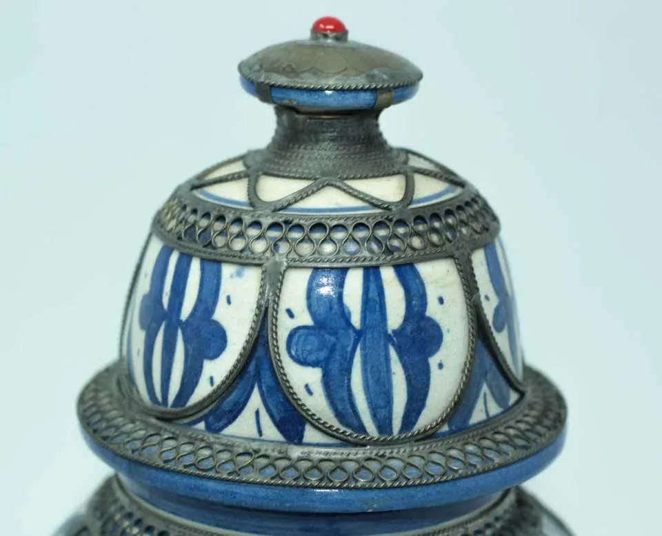 Moroccan Ceramic Vase from Fez Blue and White with Silver Filigree - 6