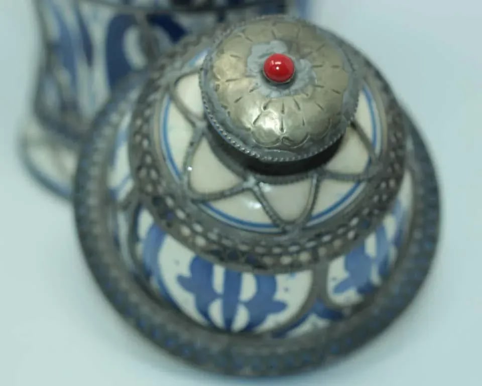 Moroccan Ceramic Vase from Fez Blue and White with Silver Filigree - 8