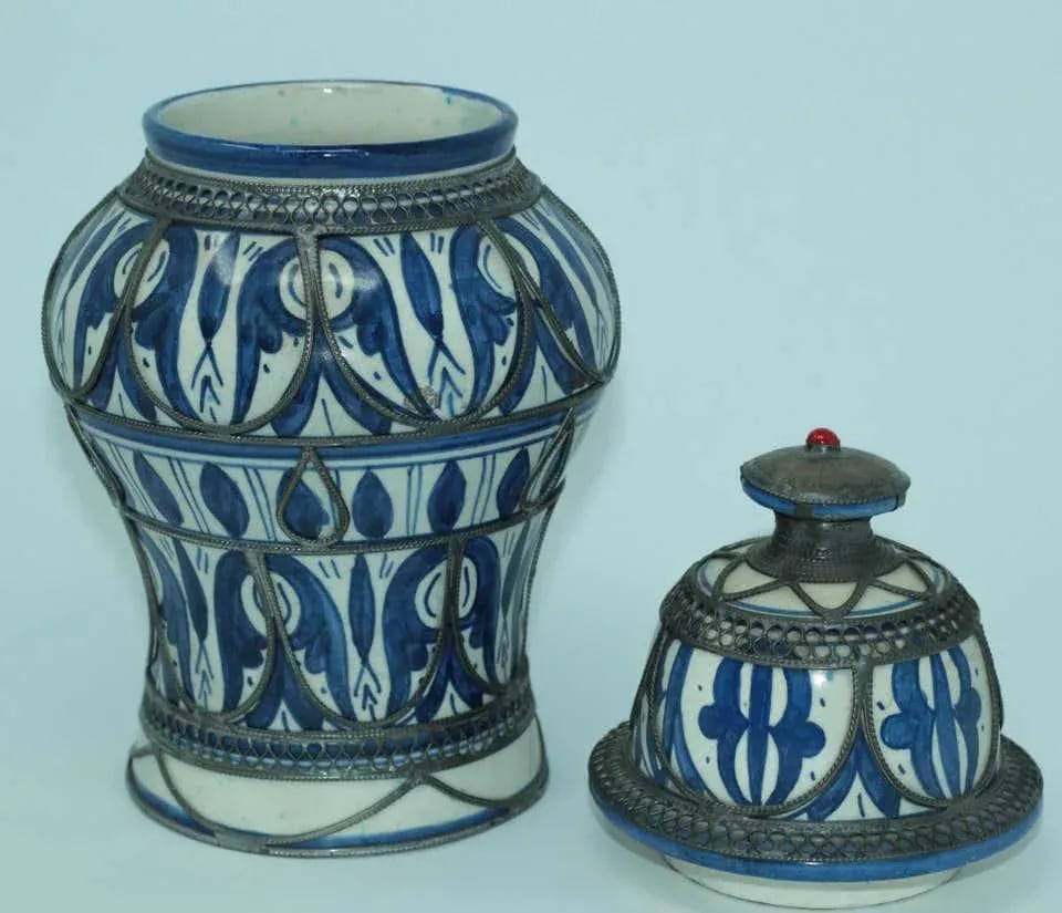 Moroccan Ceramic Vase from Fez Blue and White with Silver Filigree - 9