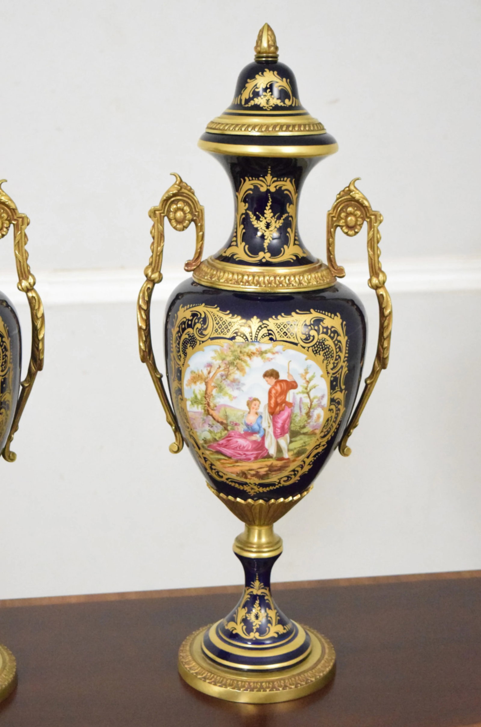 Pair Vintage Sevres Porcelain Bronze Mounted Urns - 2