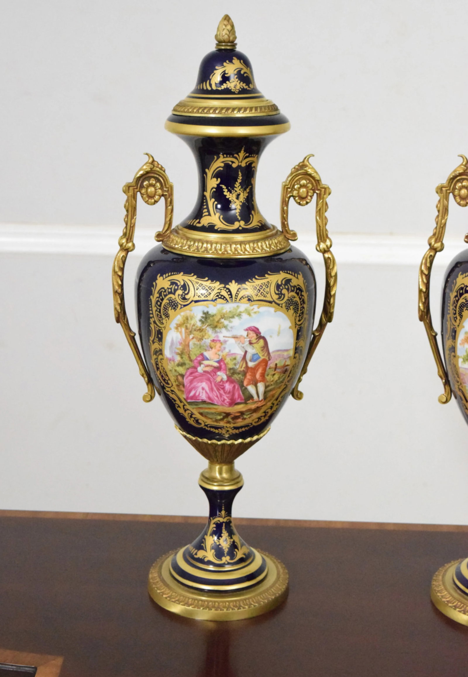 Pair Vintage Sevres Porcelain Bronze Mounted Urns - 3