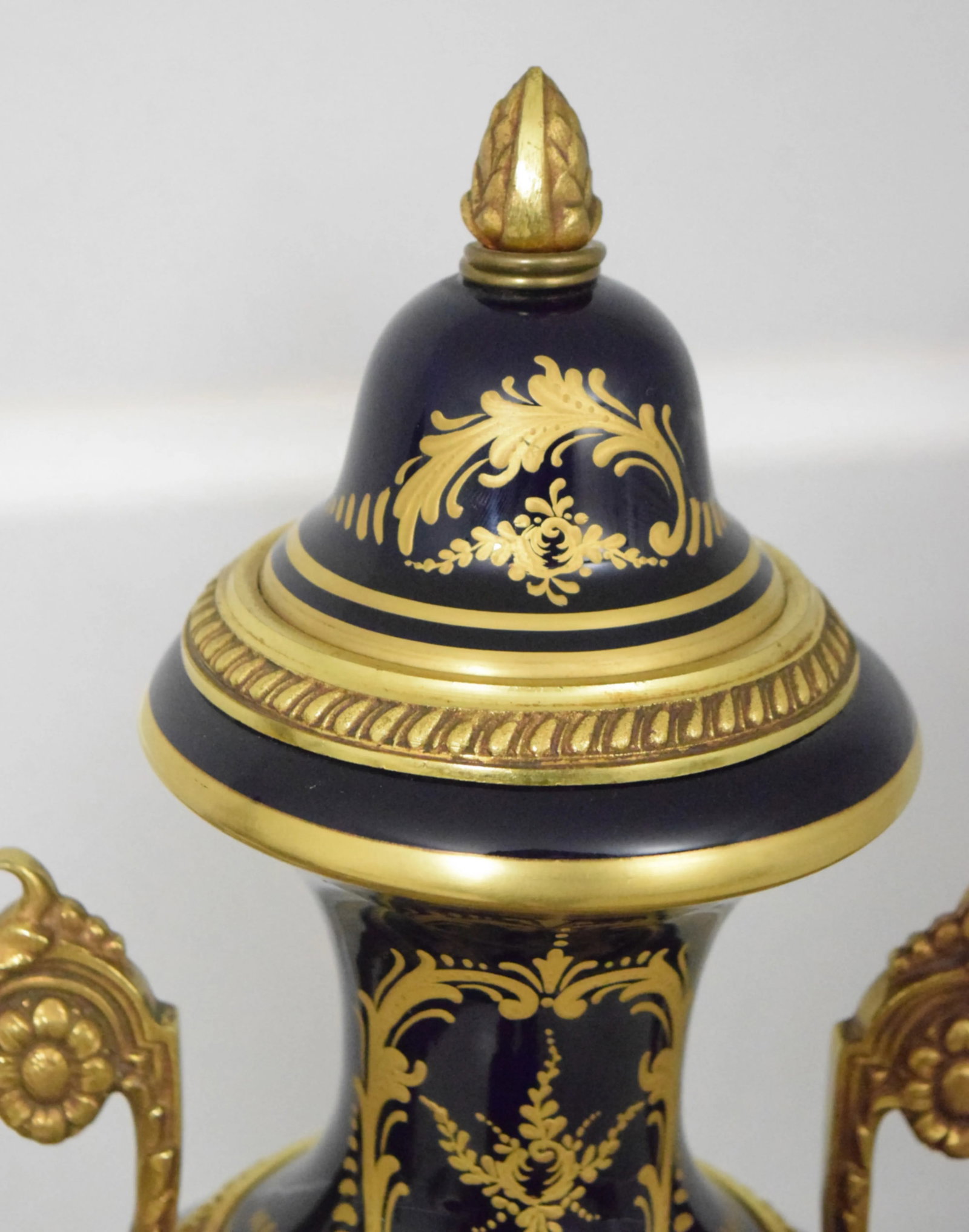 Pair Vintage Sevres Porcelain Bronze Mounted Urns - 6