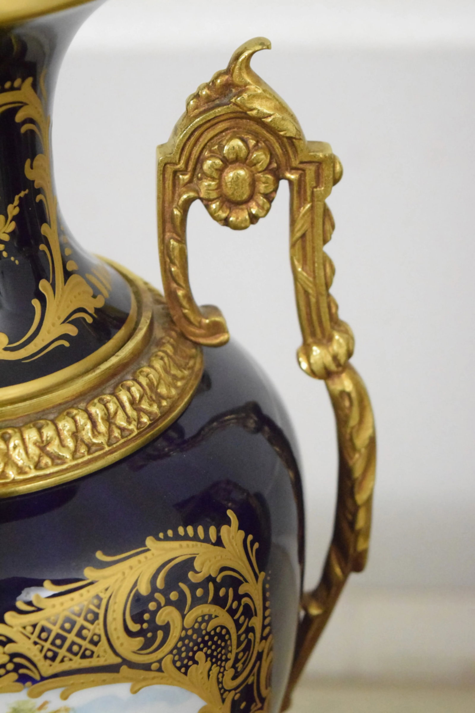 Pair Vintage Sevres Porcelain Bronze Mounted Urns - 7