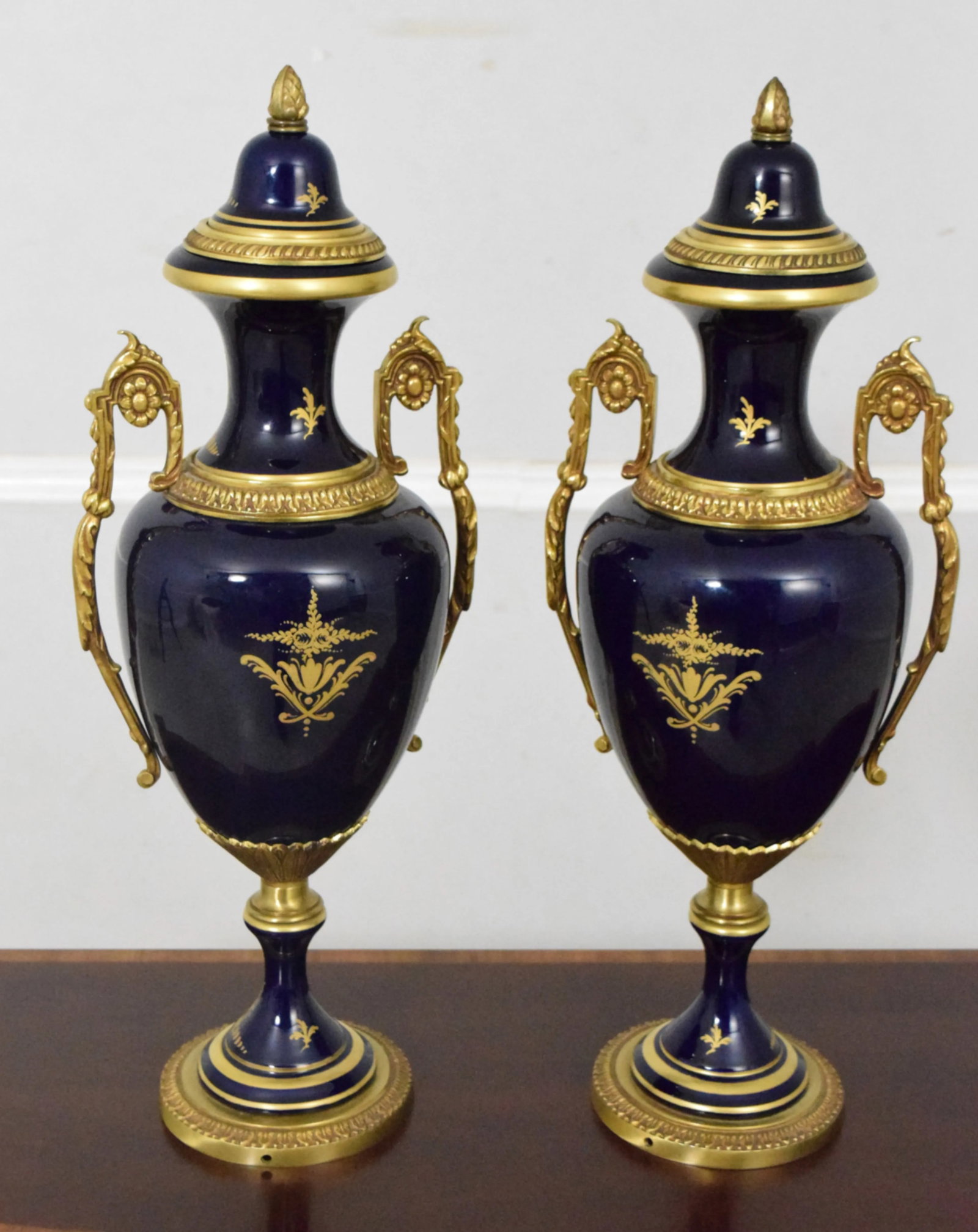 Pair Vintage Sevres Porcelain Bronze Mounted Urns - 8