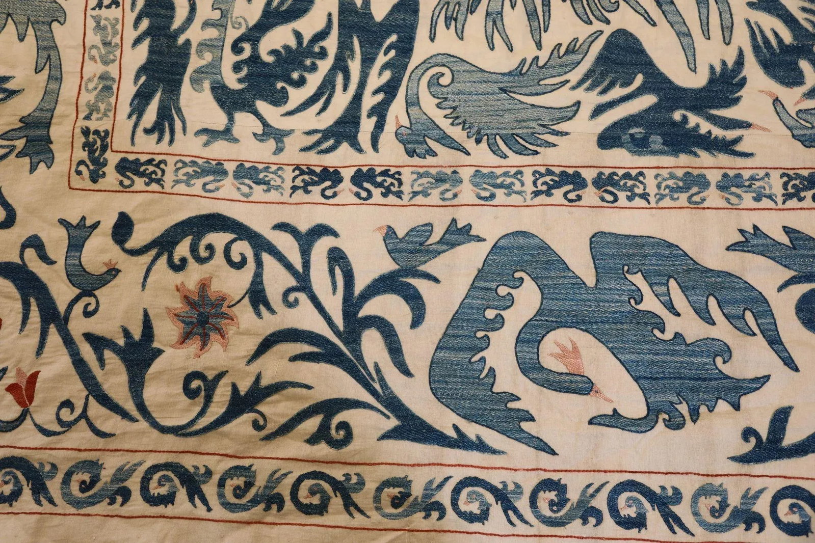 Vintage Blue Floral and Birds Suzani Uzbek Embroidered Textile - 10