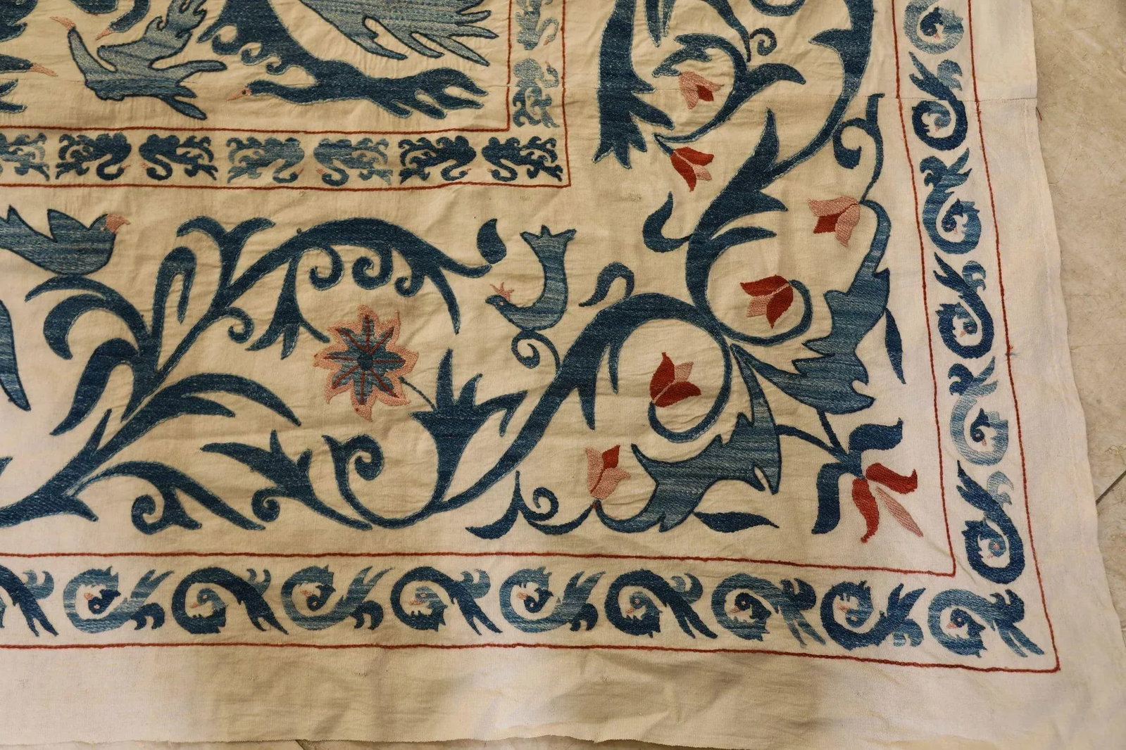 Vintage Blue Floral and Birds Suzani Uzbek Embroidered Textile - 11