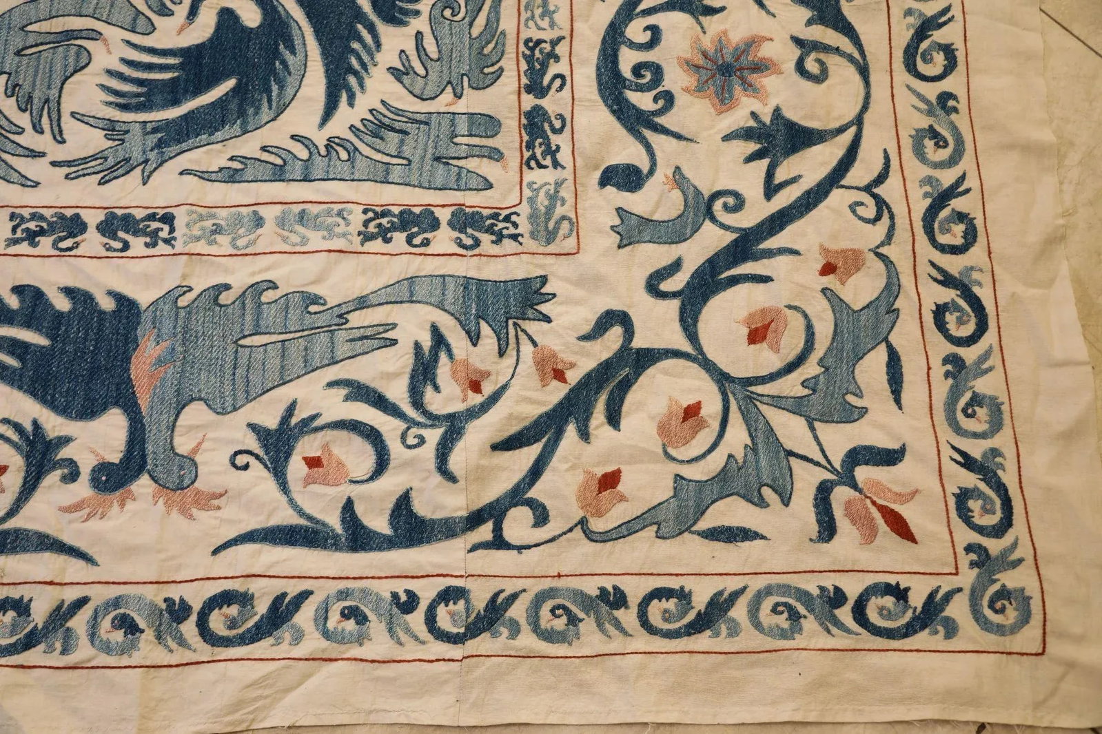 Vintage Blue Floral and Birds Suzani Uzbek Embroidered Textile - 12
