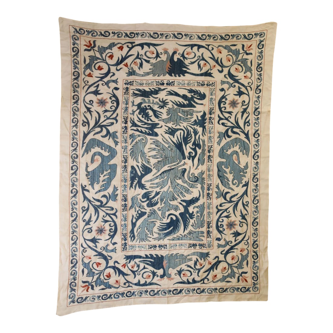 Vintage Blue Floral and Birds Suzani Uzbek Embroidered Textile: Rare and beautiful silk hand-embroidered suzani from Uzbekistan in stunning multi-colours in light blue and some red accent on a white background. Made from multiple pieces sewn together. With