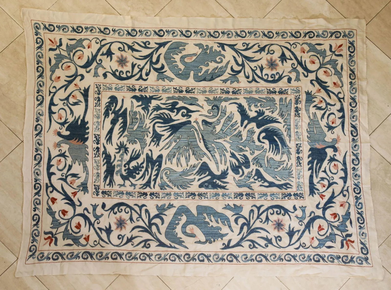 Vintage Blue Floral and Birds Suzani Uzbek Embroidered Textile - 2