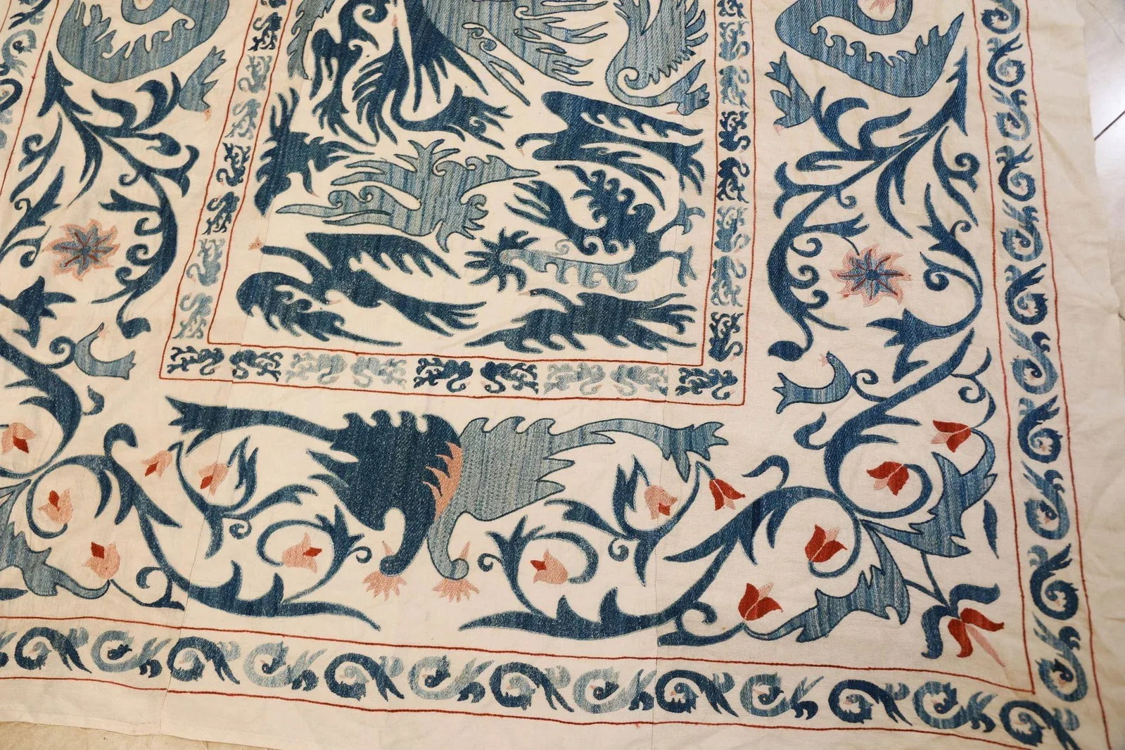 Vintage Blue Floral and Birds Suzani Uzbek Embroidered Textile - 3