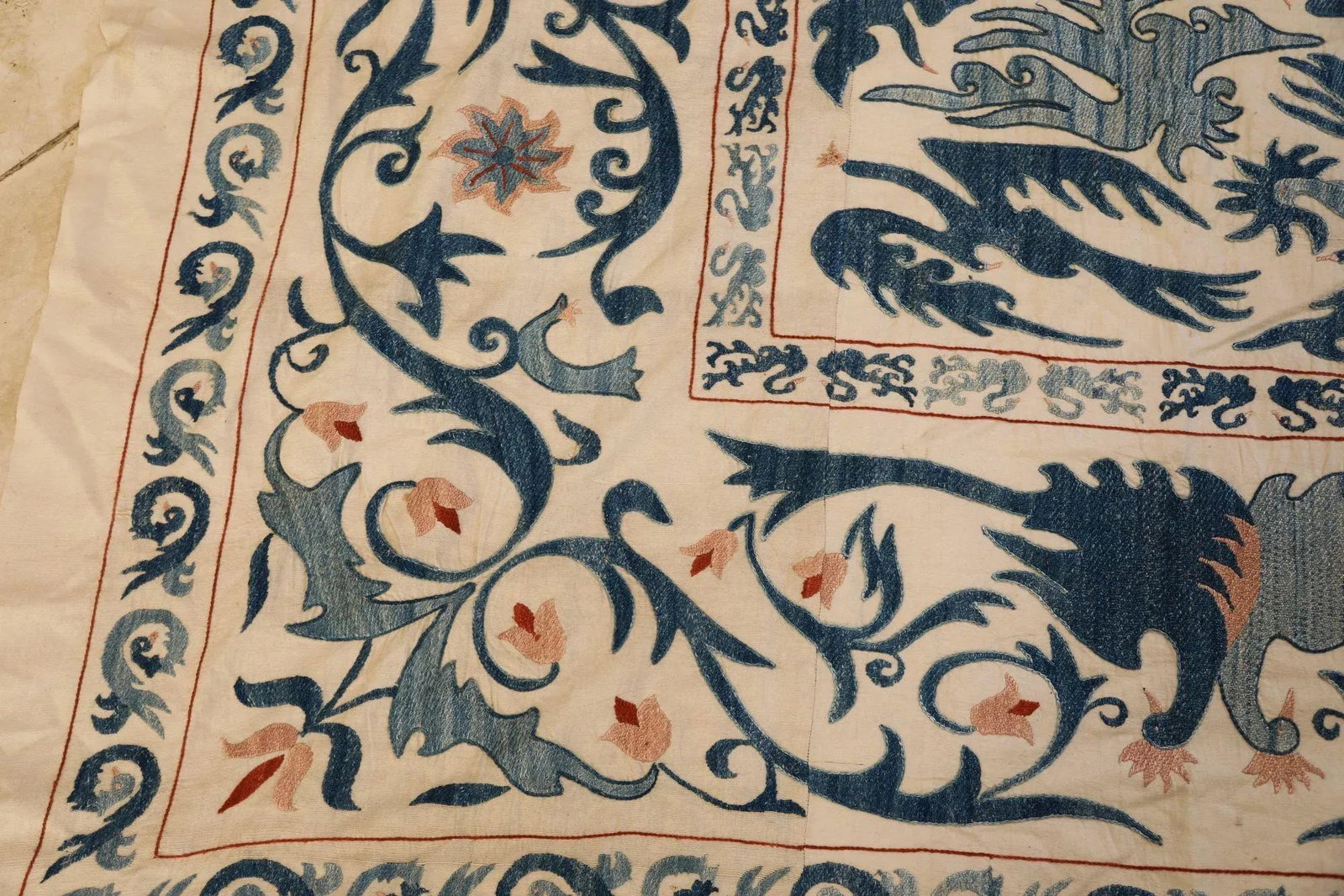 Vintage Blue Floral and Birds Suzani Uzbek Embroidered Textile - 5