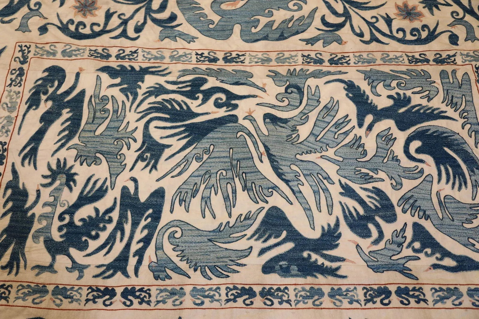 Vintage Blue Floral and Birds Suzani Uzbek Embroidered Textile - 6