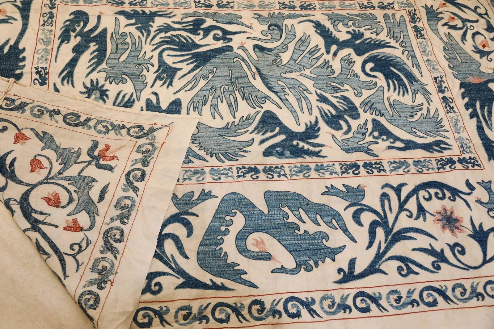 Vintage Blue Floral and Birds Suzani Uzbek Embroidered Textile - 7