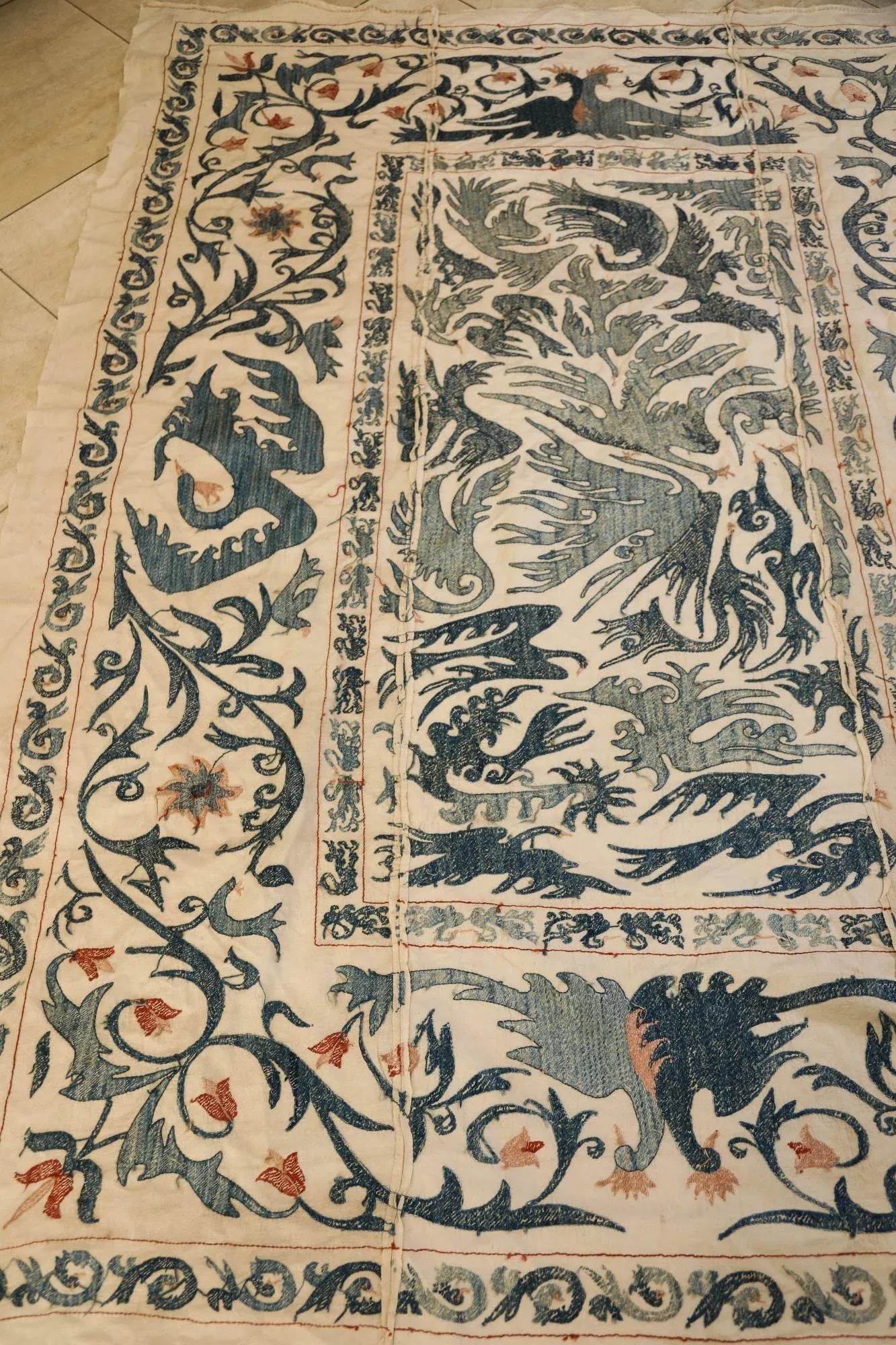 Vintage Blue Floral and Birds Suzani Uzbek Embroidered Textile - 8