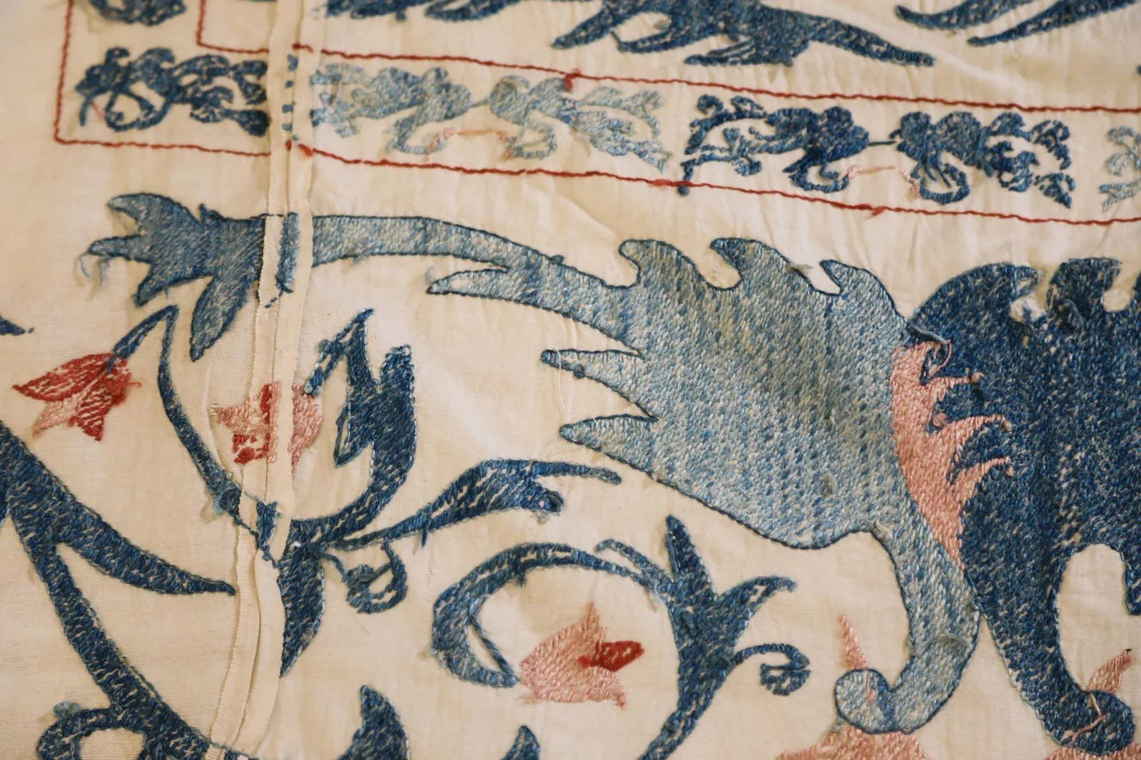 Vintage Blue Floral and Birds Suzani Uzbek Embroidered Textile - 9
