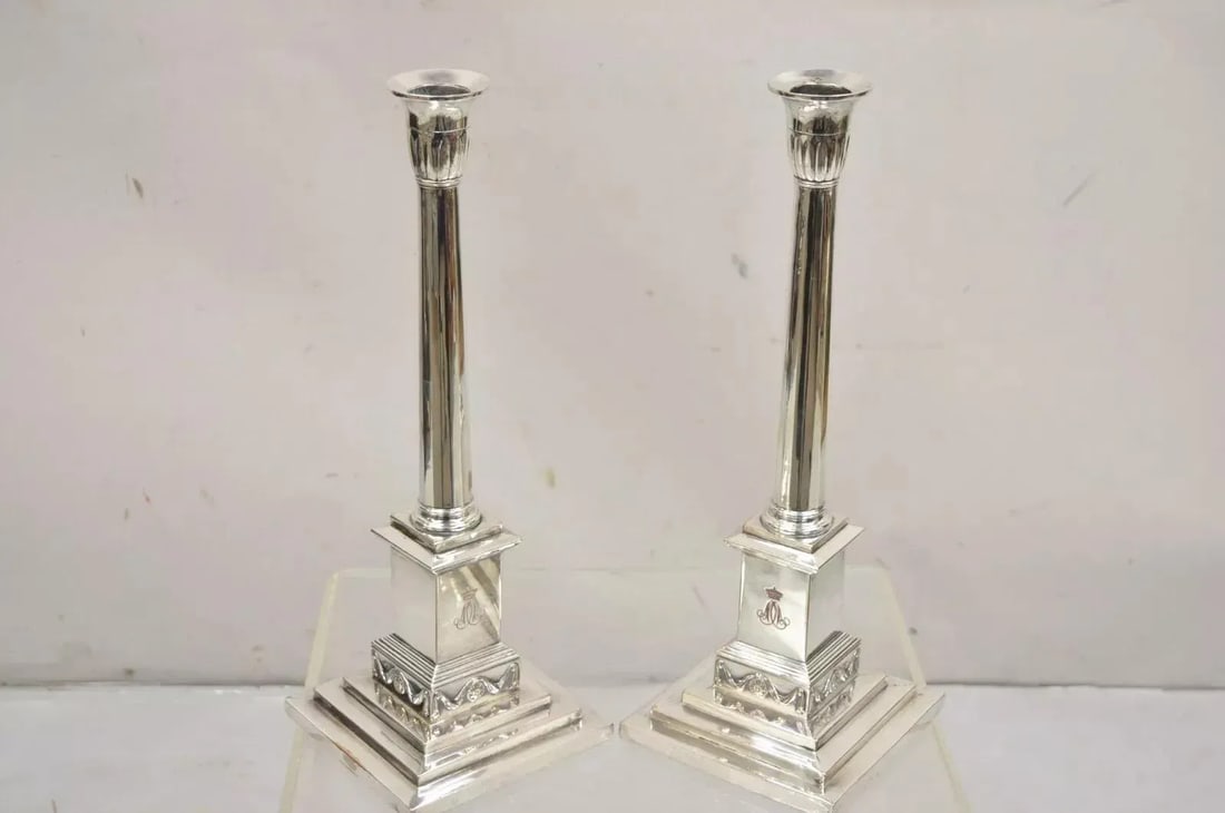 Antique English Edwardian Silver Plated Tall Column Candlestick Candleholders- a Pair - 12
