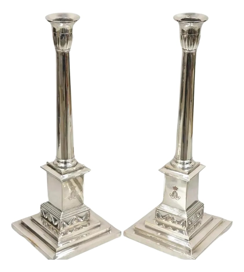 Antique English Edwardian Silver Plated Tall Column Candlestick Candleholders- a Pair (1 of 12)
