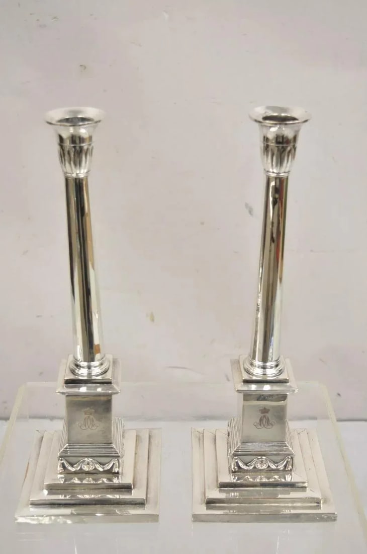 Antique English Edwardian Silver Plated Tall Column Candlestick Candleholders- a Pair - 2