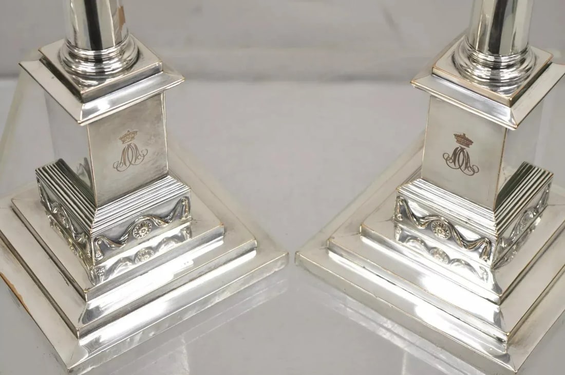 Antique English Edwardian Silver Plated Tall Column Candlestick Candleholders- a Pair - 3