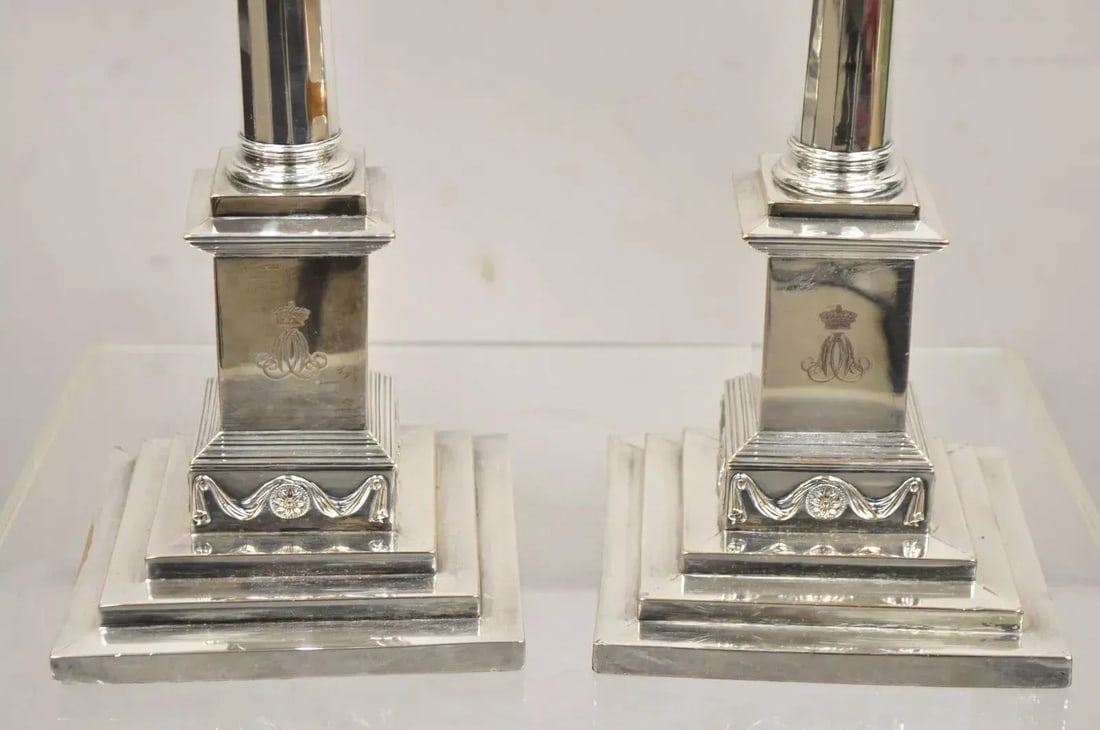 Antique English Edwardian Silver Plated Tall Column Candlestick Candleholders- a Pair - 5