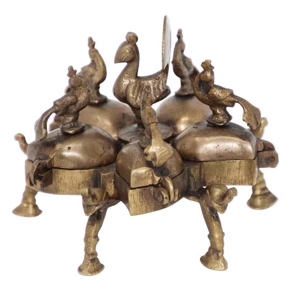Antique Hindu Brass Box With Peacocks and Elephants - 11