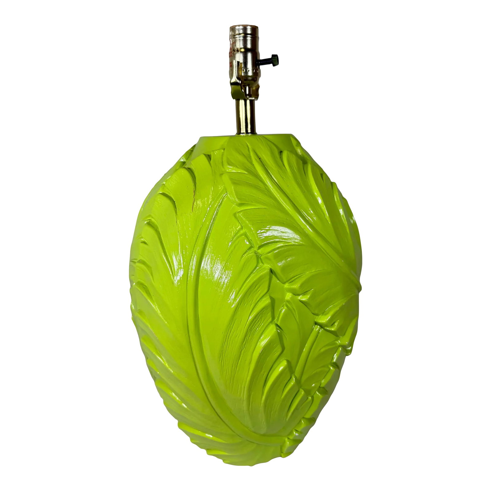 Palm Beach Regency Solid Plaster Palm Leaf Key Lime Green Table Lamp - Newly Painted: This stunning Vintage Regency Style Palm Leaf Table Lamp is a true showpiece for your Palm Beach-inspired home. Crafted from solid plaster with a beautifully sculpted palm tree leaf design, this lamp 