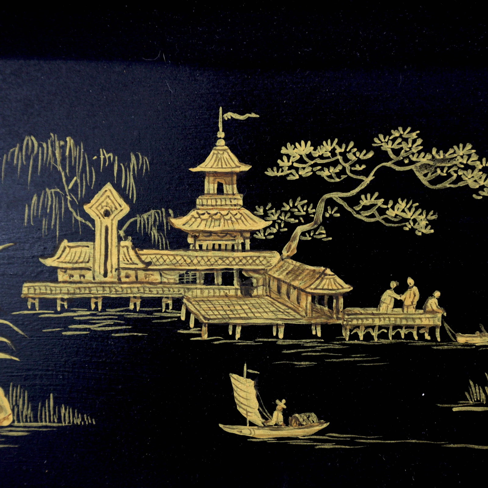 Black Hand-Painted Chinoiserie Art Deco Metal Tray - 10