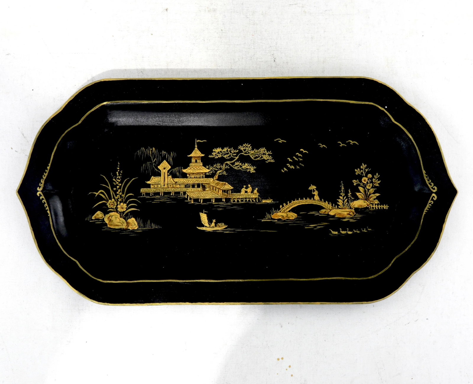 Black Hand-Painted Chinoiserie Art Deco Metal Tray - 12