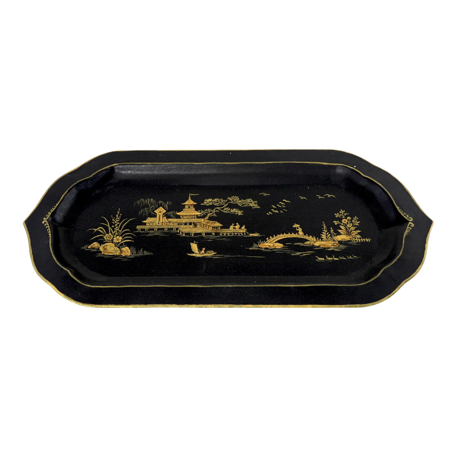 Black Hand-Painted Chinoiserie Art Deco Metal Tray: Black Hand-Painted Chinoiserie Art Deco Metal Tray Condition: Alterations: Original Condition Unaltered Imperfections: Some Imperfections Condition Notes: The item may have signs of aging, fading or u
