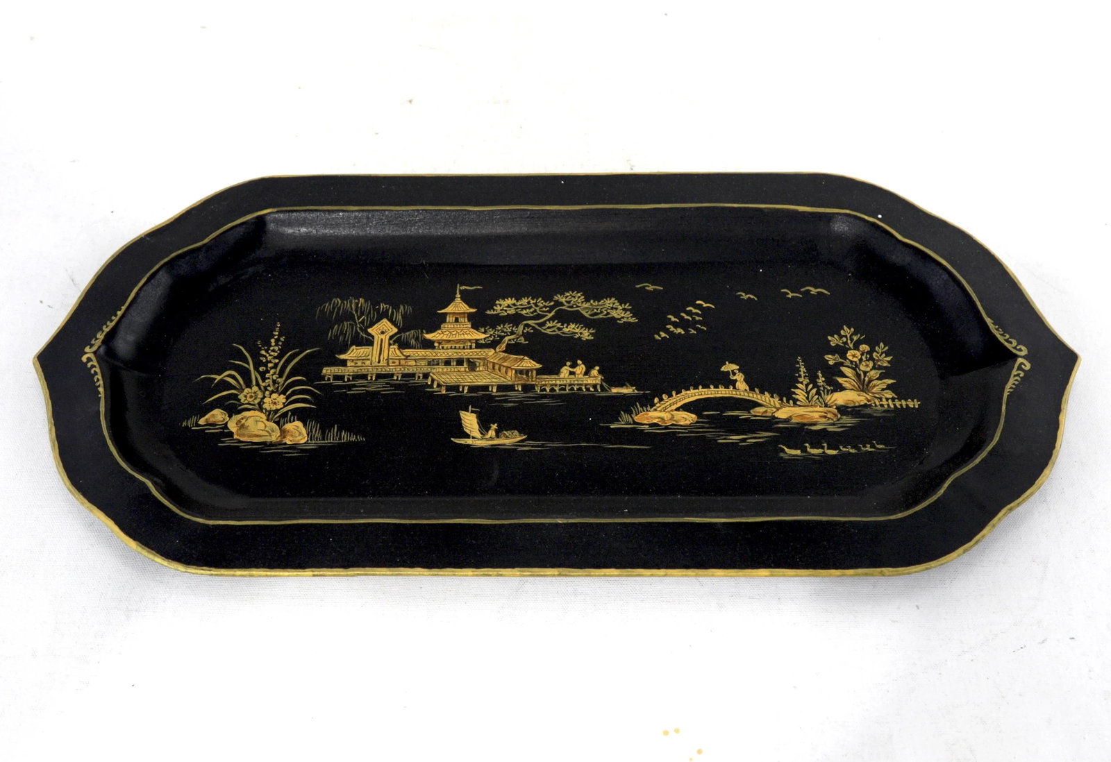 Black Hand-Painted Chinoiserie Art Deco Metal Tray - 2