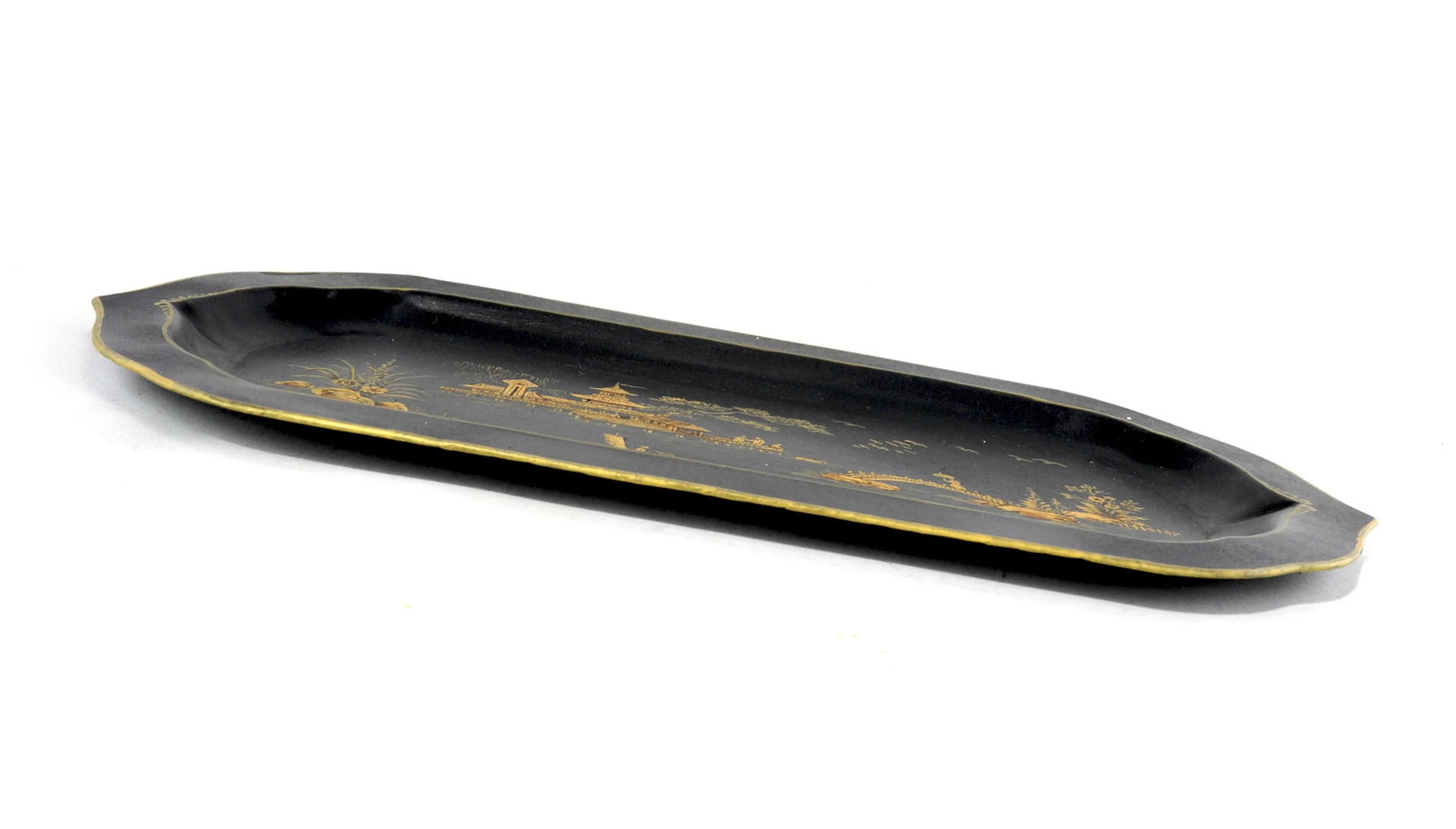 Black Hand-Painted Chinoiserie Art Deco Metal Tray - 3
