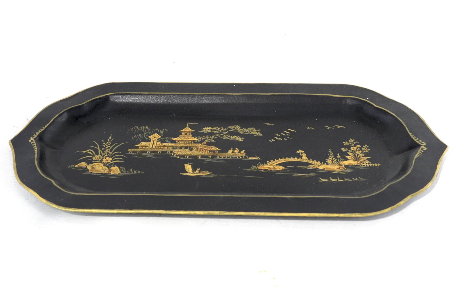 Black Hand-Painted Chinoiserie Art Deco Metal Tray - 4