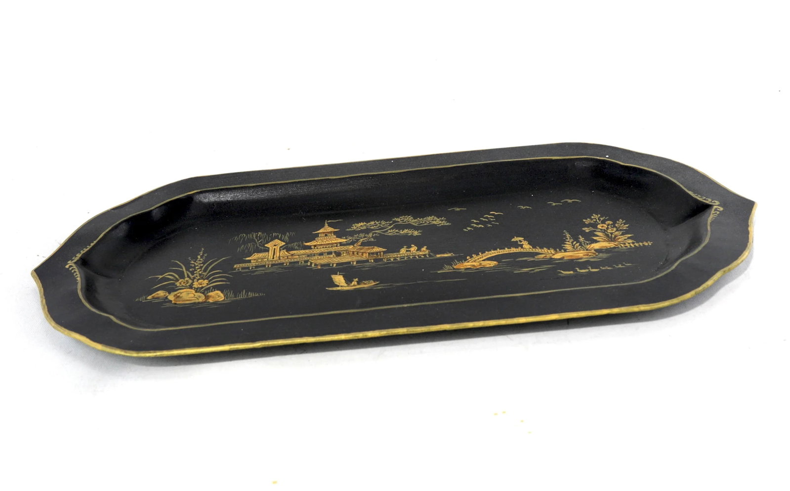 Black Hand-Painted Chinoiserie Art Deco Metal Tray - 5