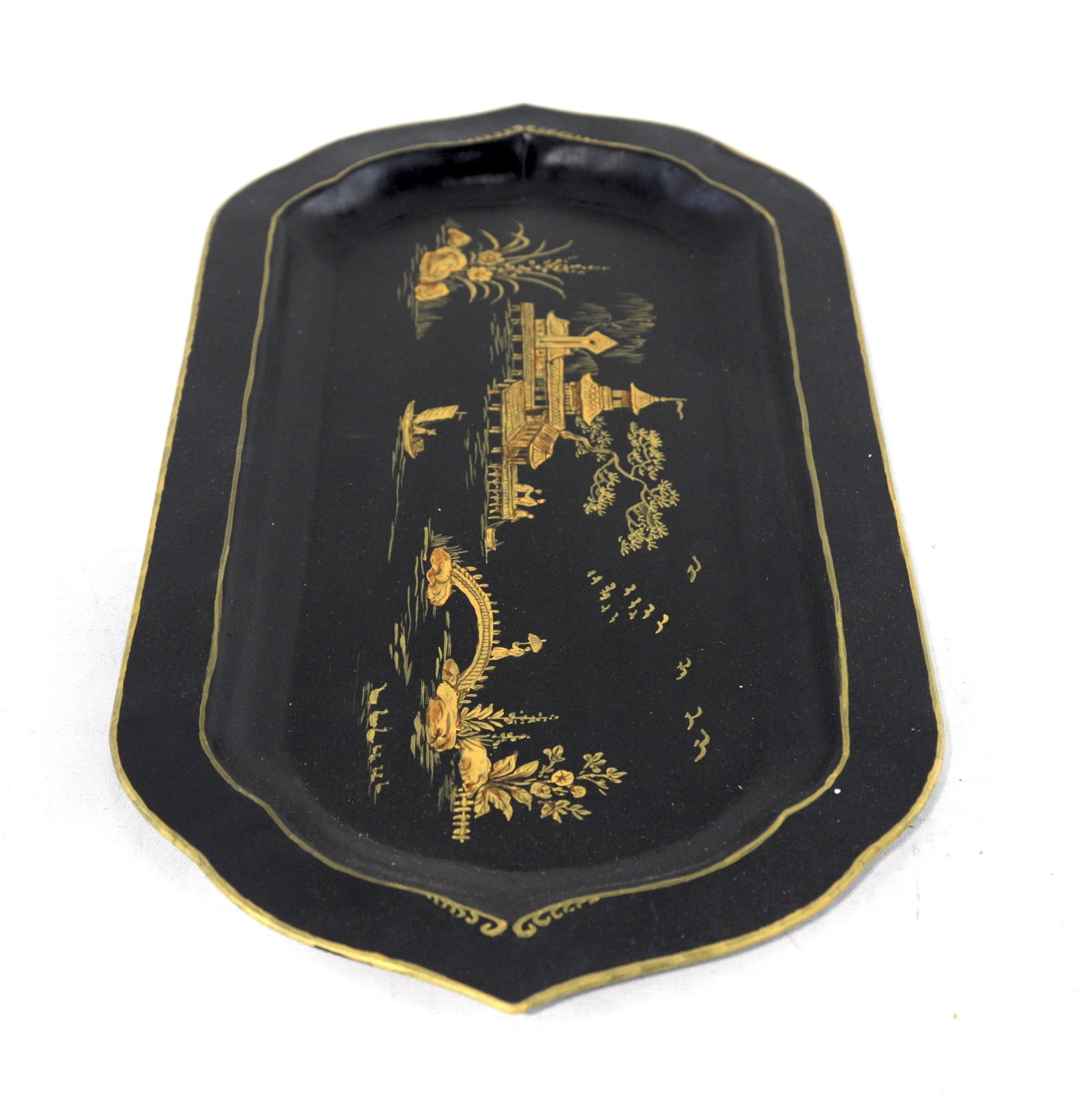 Black Hand-Painted Chinoiserie Art Deco Metal Tray - 6