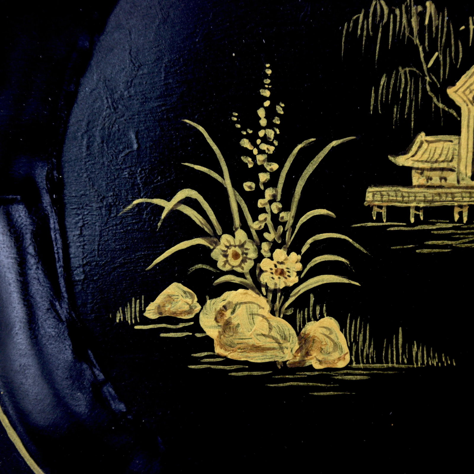 Black Hand-Painted Chinoiserie Art Deco Metal Tray - 8