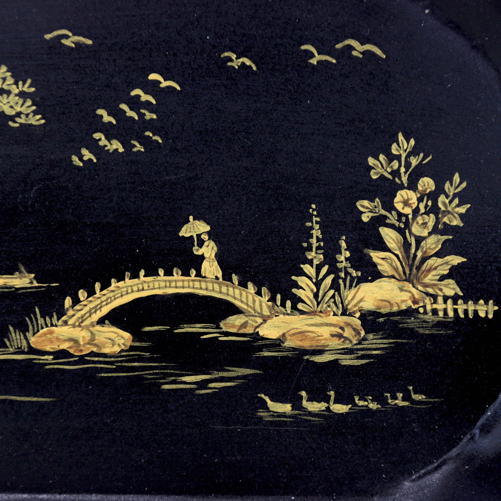 Black Hand-Painted Chinoiserie Art Deco Metal Tray - 9