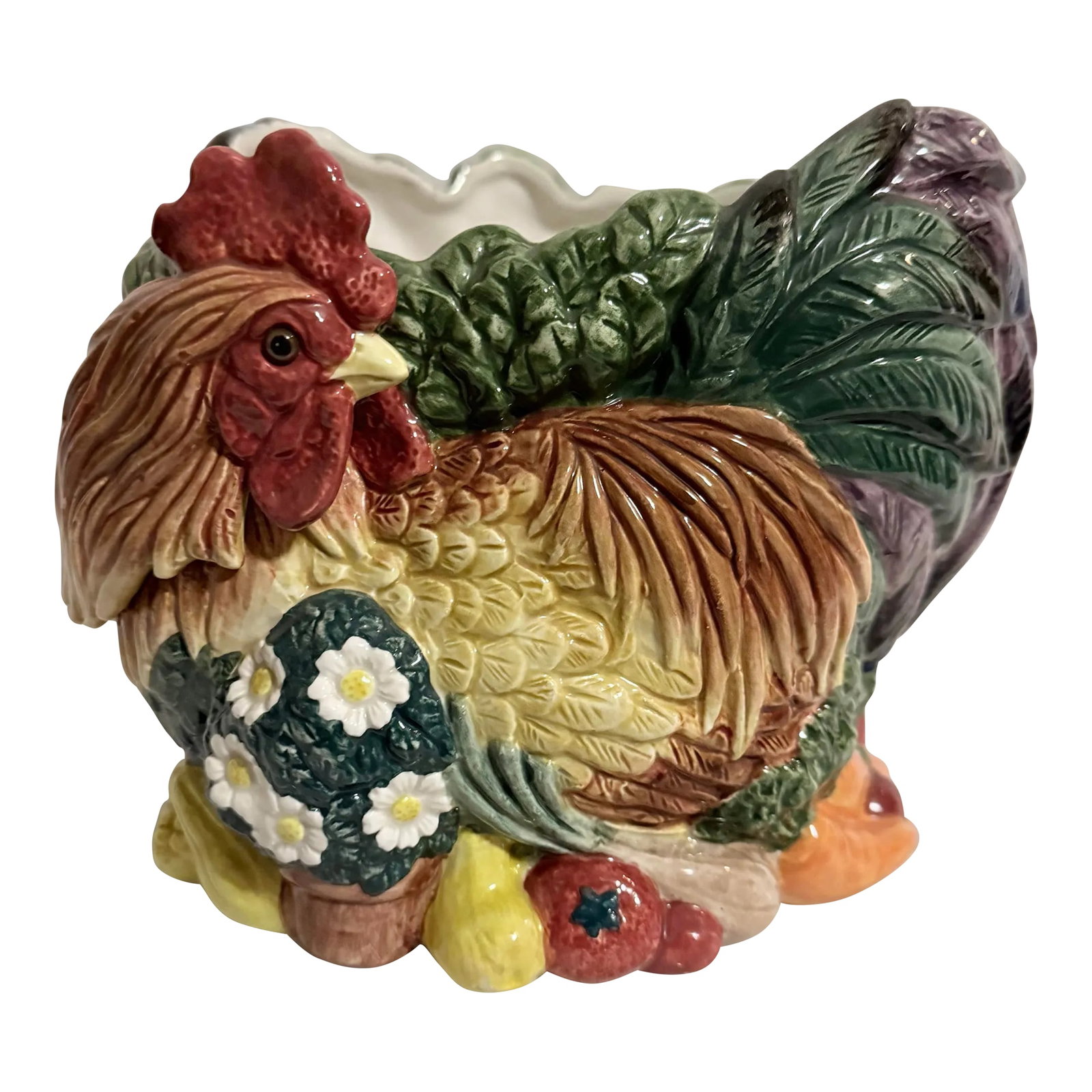 Vintage Fitz and Floyd Classics Coq Du Village Rooster Cachepot Planter: Elevate your home decor with the charming Vintage Fitz and Floyd Classics Coq Du Village Rooster Cachepot Planter! This delightful piece beautifully combines functionality and artistry, showcasing a w