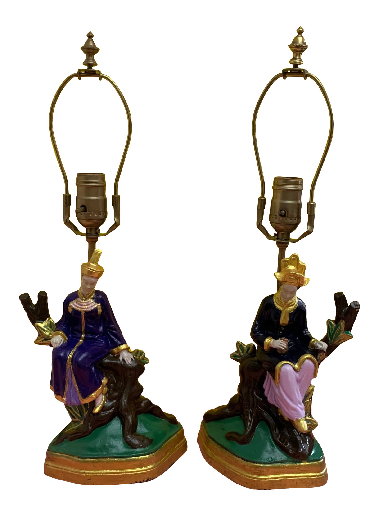 1930s Jb Hirsch Asian Figural Chalkware Table Lamps - a Pair: 1930's Jb Hirsch Asian figural chalkware table lamps sitting in a tree - a pair. JB Hirsch is known more for his metal lamps. While metal was scarce during WW II he created chalkware lamps. These chal