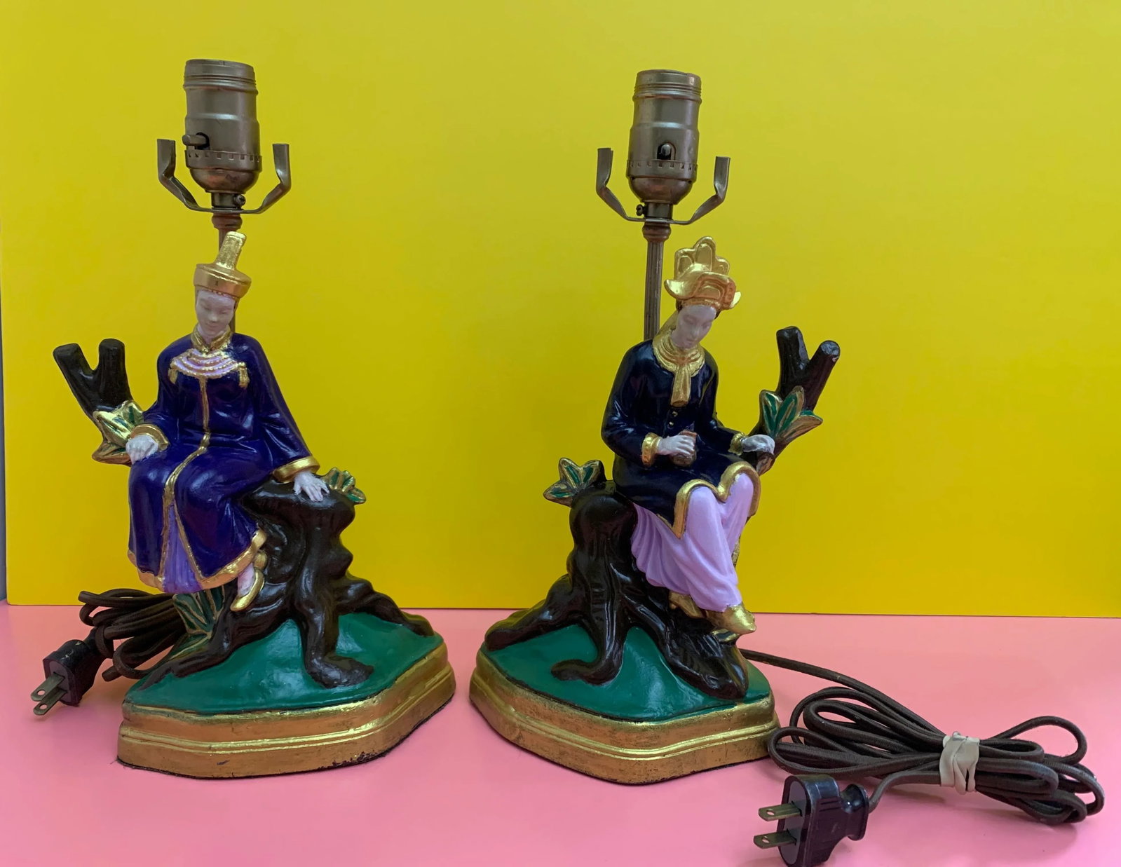 1930s Jb Hirsch Asian Figural Chalkware Table Lamps - a Pair - 2