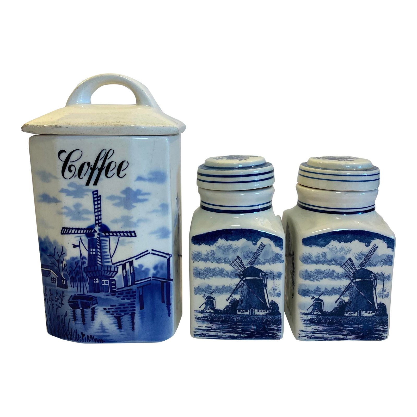 Vintage German Inge & Dutch Delft Blue and White Ceramic Canister Set, 3 Pieces: A collected trio of vintage European blue-and-white ceramics, bringing together a German coffee canister and two coordinating Dutch Delft jars in a wonderfully cohesive set. The larger rectangular cof