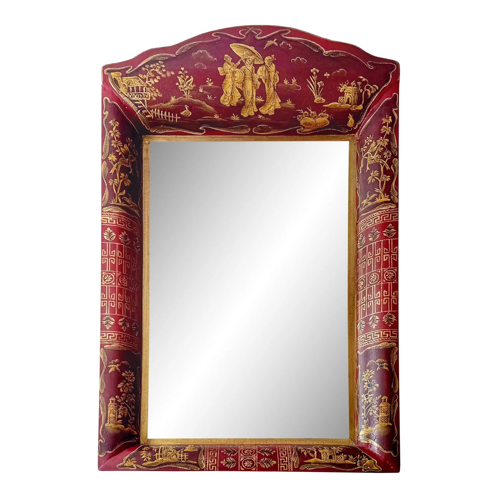 English Style Red Tole Chinoiserie Decorated Mirror (1 of 7)