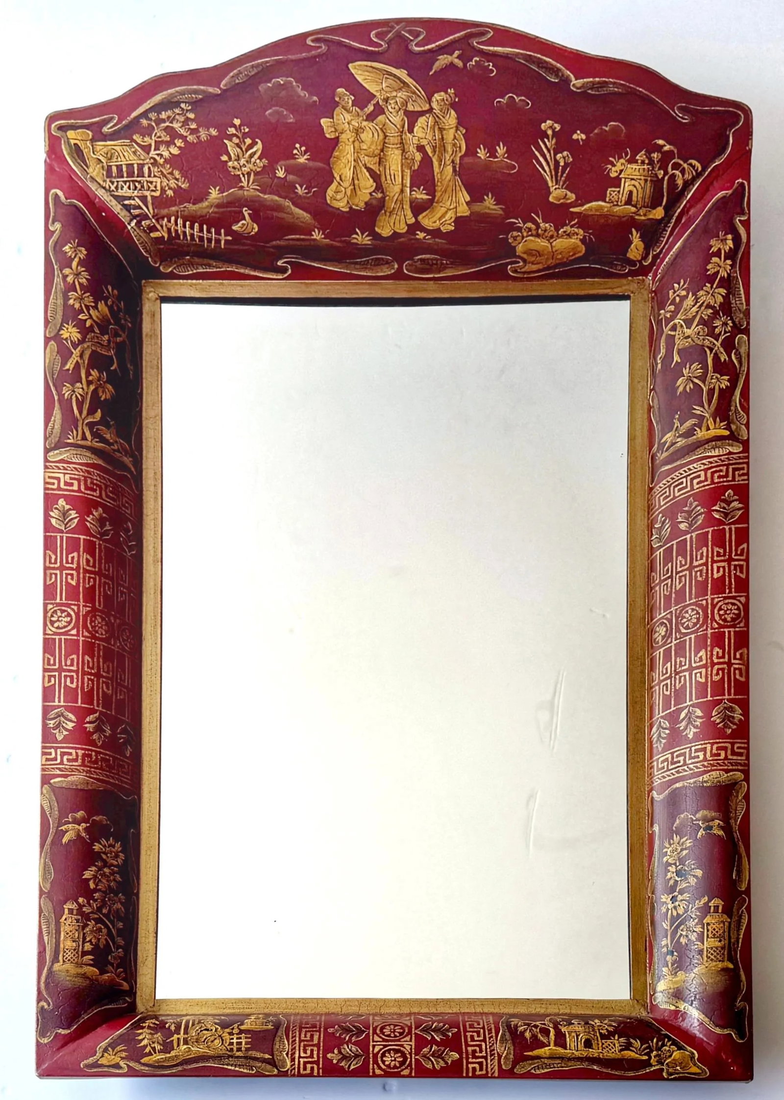 English Style Red Tole Chinoiserie Decorated Mirror - 2