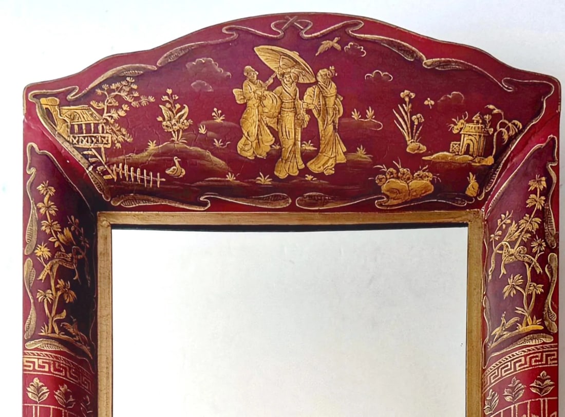 English Style Red Tole Chinoiserie Decorated Mirror - 3