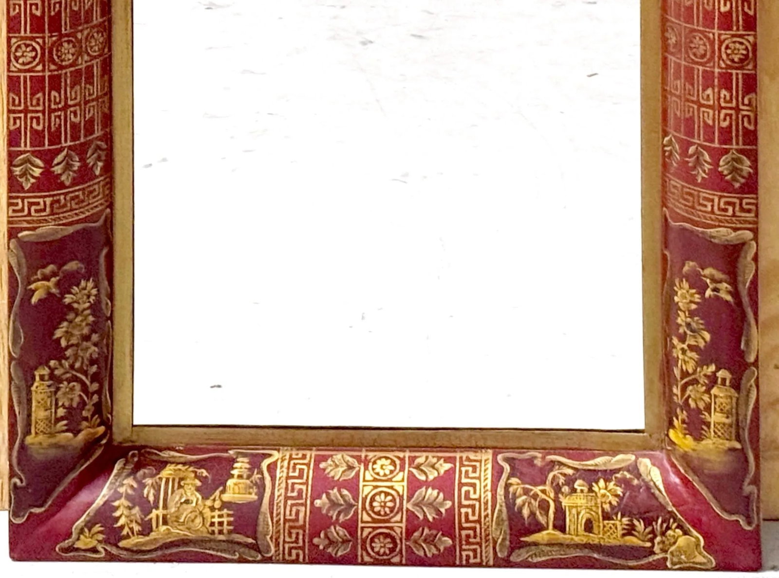 English Style Red Tole Chinoiserie Decorated Mirror - 4