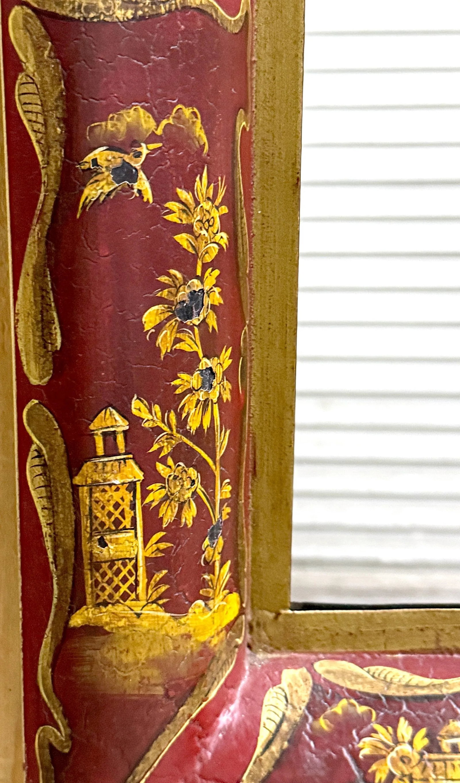 English Style Red Tole Chinoiserie Decorated Mirror - 5