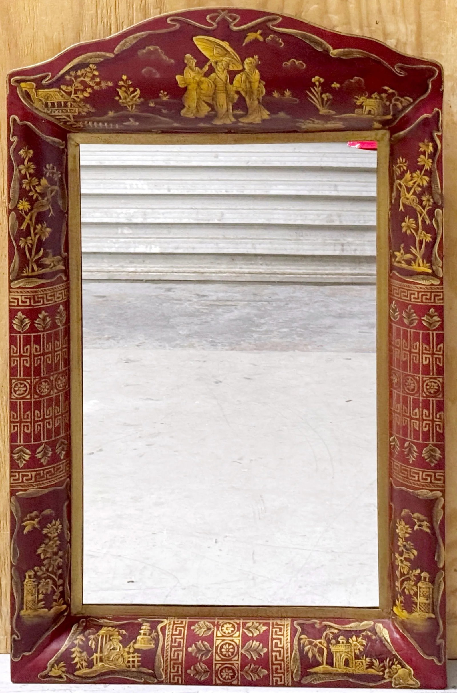 English Style Red Tole Chinoiserie Decorated Mirror - 6